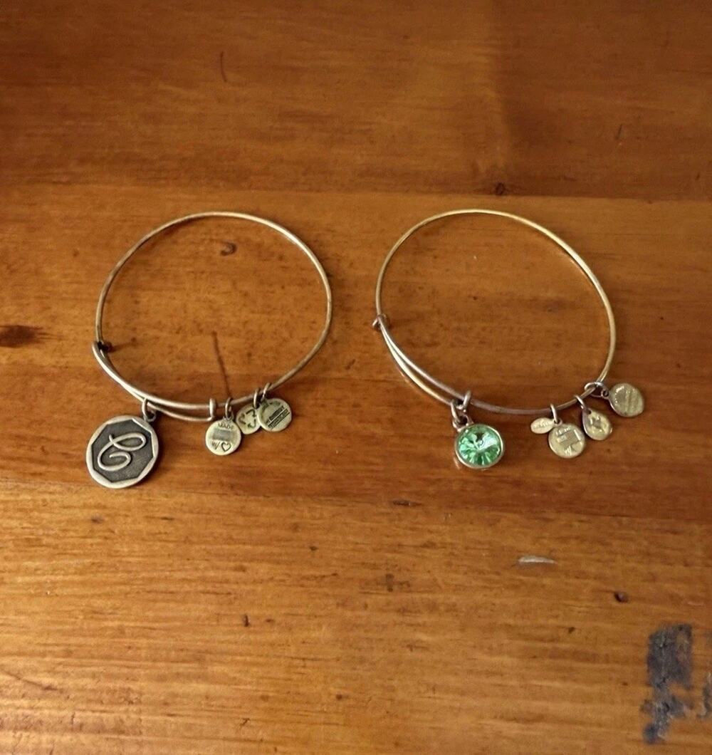 Alex & Ani Charm Bangle Bracelets Set 2 Initial Charm Expandable Silver Tone
